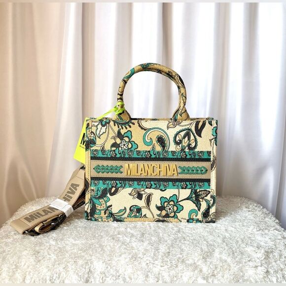 Beautiful Milanchiva Cream and Green Floral Canvas Tote & Crossbody Handbag NWT - Picture 1 of 11